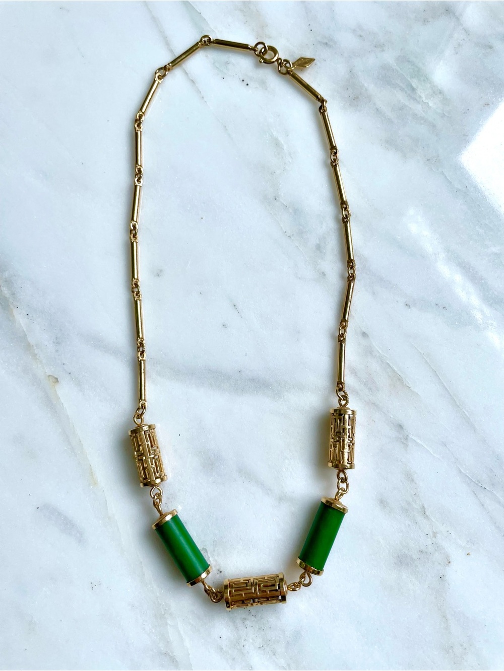 Sarah Coventry Gold-Tone Necklace with Green Cylinder Beads - Picture 1 of 4